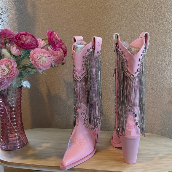 Dolls Kill Pink Western Rhinestone Fringe Boots - Picture 10 of 11